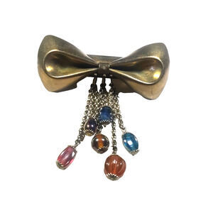 Vintage Big Brass Bow Hair Clip Barrette Beaded Glass Dangles Made In France